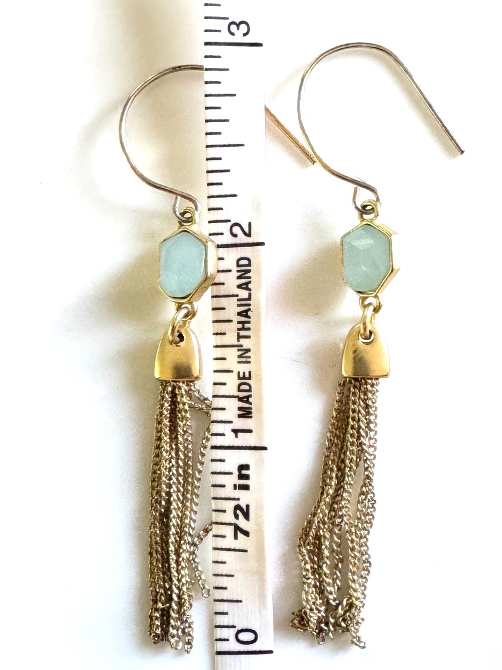 Gold Tassel Drop Earrings Chalcedony with Light Blue Hexagon Accents - Picture 8 of 8